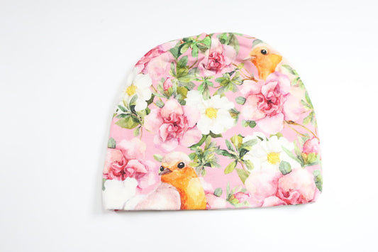 Blommig mössa från Hemsytt - Storlek 50/56 - Rosa