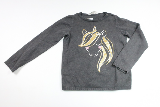 Stickad tröja med enhörning från H&M - Storlek 122/128 - Grå