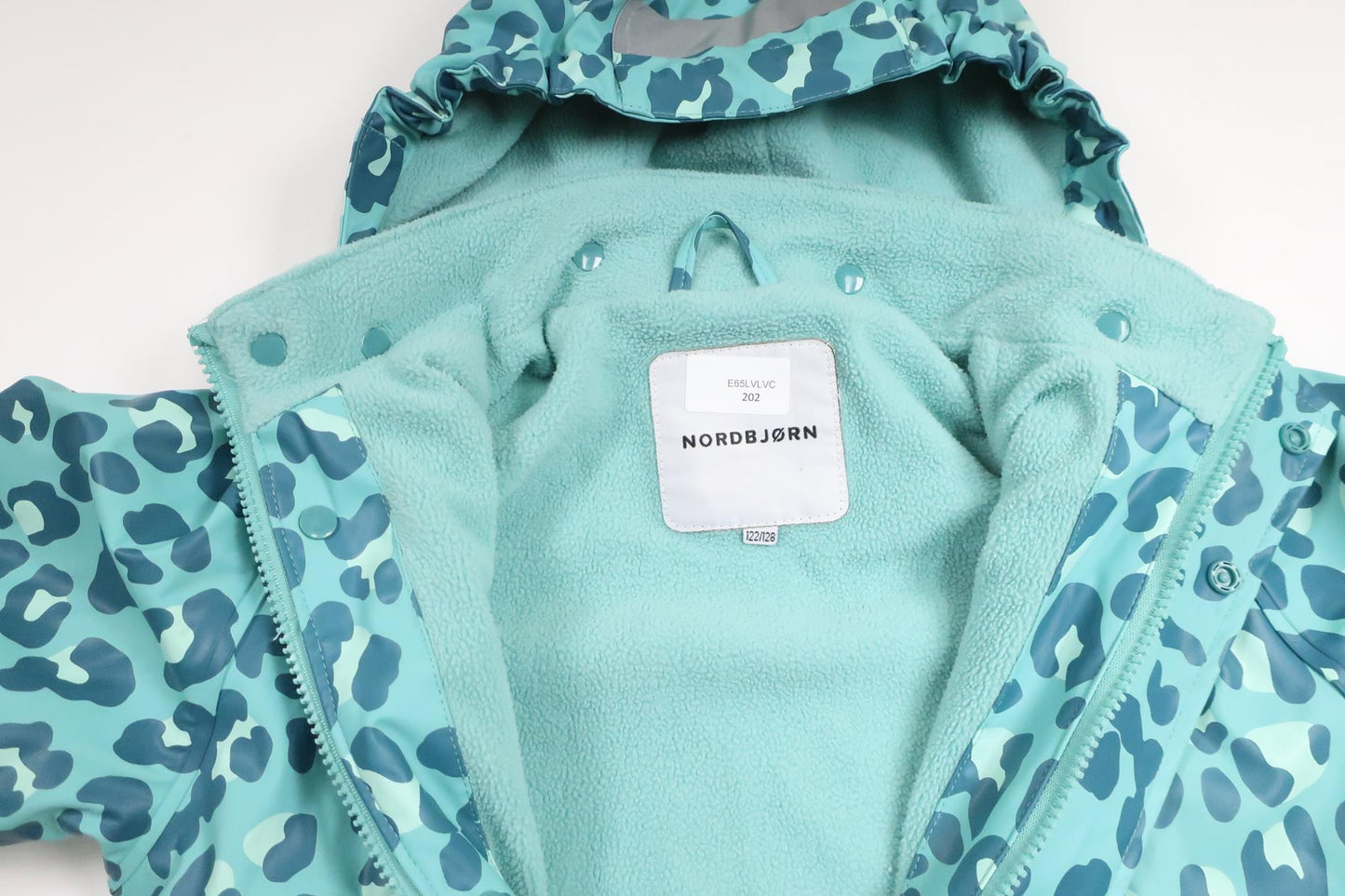 Leopardmönstrad fleecefodrad regnjacka från Nordbjörn - Storlek 122/128 - Blå
