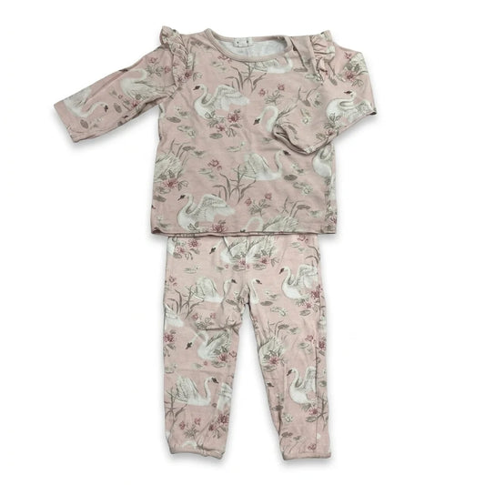 Blommig tvådelad pyjamas med svanar från Newbie - Storlek 86/92 - Rosa