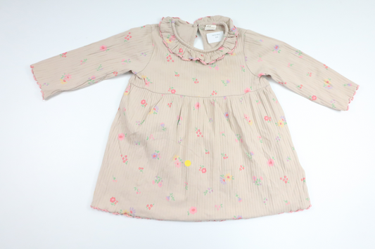 Ribbad blommig klänning från H&M - Storlek 80 - Beige